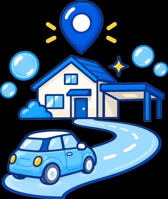 家と地図のピン、道を走る車のイラスト