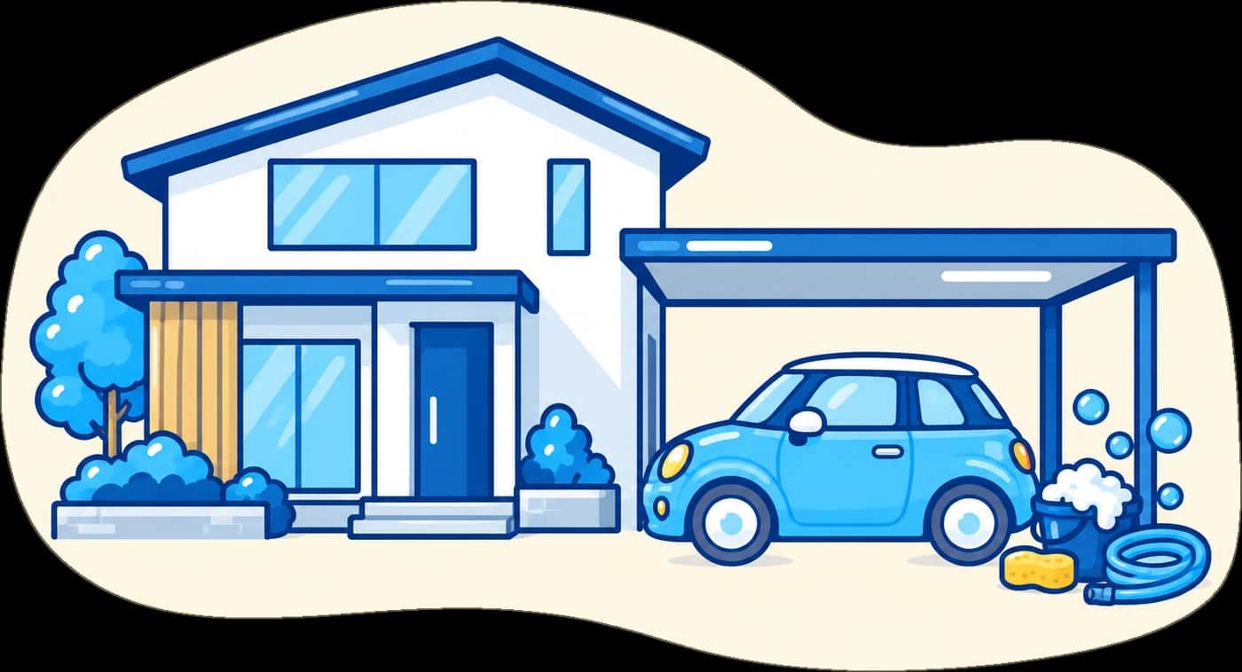 家の駐車場に止めた車と、泡の入ったバケツのイラスト